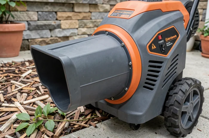 Détail du broyeur de végétaux Mantis 3000W avec trémie et panneau de commande