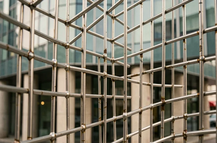 Détail en gros plan d'un panneau de résille métallique tissée en acier inoxydable sur une façade commerciale contemporaine, révélant la texture et la patine du métal