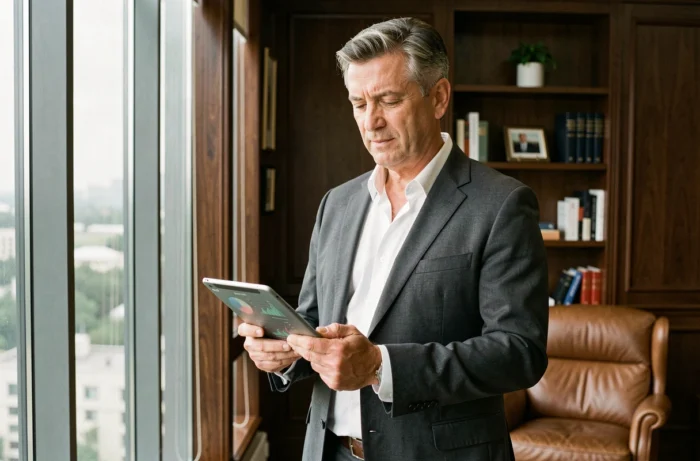 Dirigeant masculin consultant des données sur tablette dans un bureau privé élégant