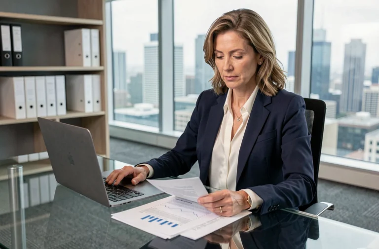 Dirigeante d'entreprise analysant des rapports stratégiques dans un bureau exécutif moderne