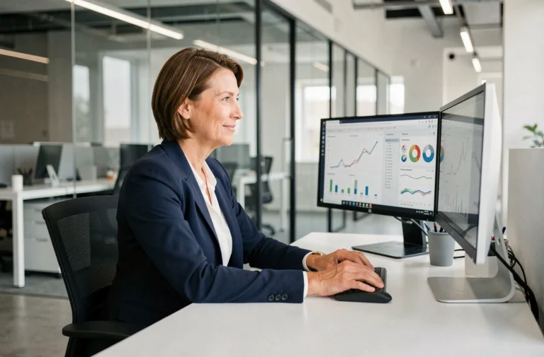 Femme dirigeante analysant des tableaux de bord de données sur ordinateur dans un bureau moderne pour optimiser son entreprise