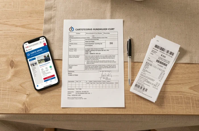 Carte grise française posée sur une table avec smartphone affichant le site de changement de carte grise