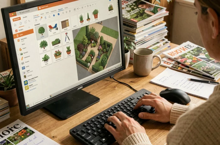 Vue par-dessus l'épaule d'un écran montrant un logiciel gratuit d'aménagement paysager de jardin avec plan 2D