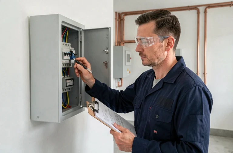 Électricien inspectant un tableau électrique et vérifiant des documents officiels pour obtenir le certificat Consuel