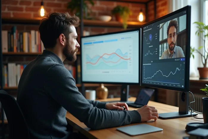 Entrepreneur B2B analysant les performances d'un partenariat digital sur tableau de bord depuis son bureau à domicile