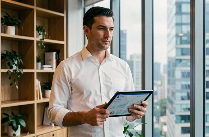 Entrepreneur consultant une solution de business intelligence sur tablette dans un espace de coworking moderne face à la ville