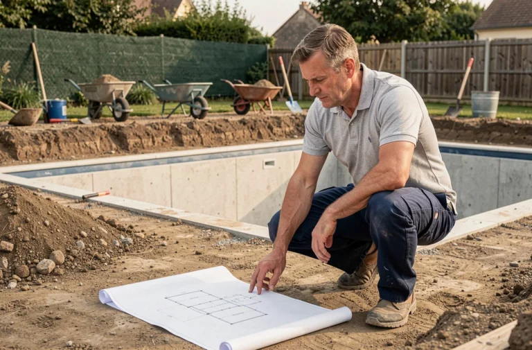 Entrepreneur étudiant les plans de construction d'une piscine enterrée en cours de réalisation dans un jardin résidentiel