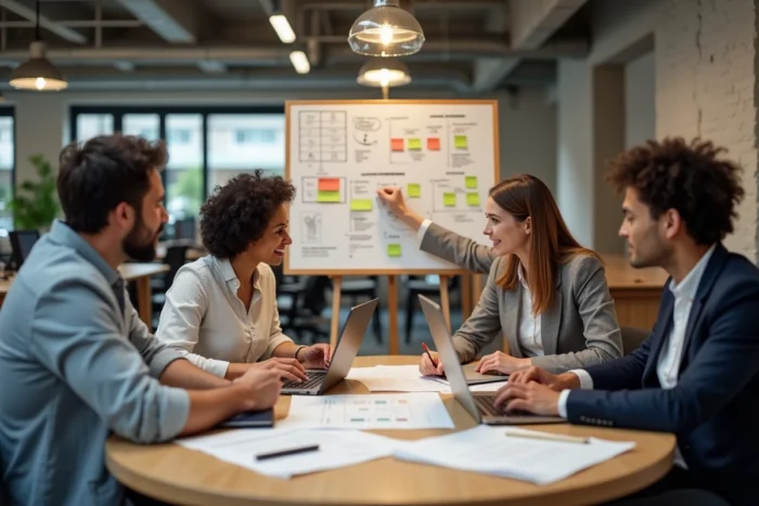 Équipe B2B en réunion de travail collaboratif autour d'une stratégie de partenariat digital dans un espace de coworking