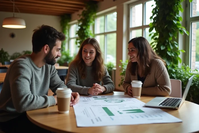 Équipe de collègues discutant d'investissements ETF ESG éco-responsables dans un espace de coworking durable à Genève