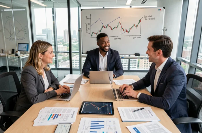 Équipe de professionnels de la finance discutant des tendances économiques et des rapports financiers en salle de réunion en 2024