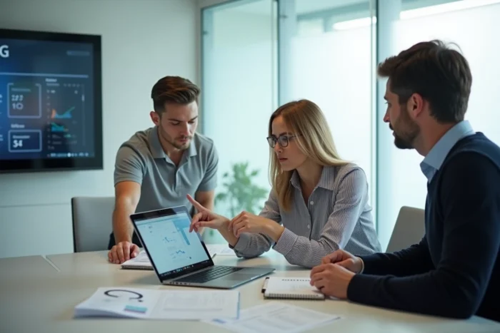 Équipe professionnelle en réunion analysant le portail informatique Open Syd pour optimiser la gestion d'entreprise