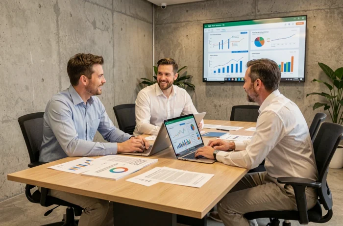 Équipe de professionnels en réunion stratégique autour d'un tableau de données analytiques pour optimiser les décisions d'entreprise