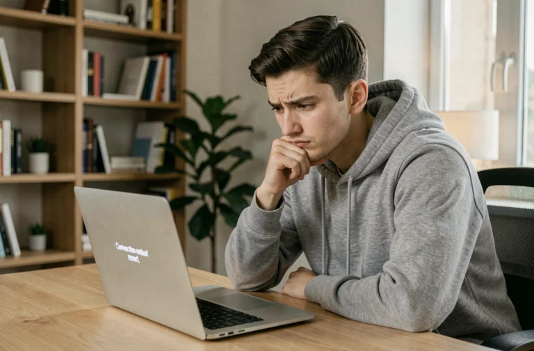 Jeune homme frustré devant un écran d'ordinateur affichant une erreur de connexion sur Uqload