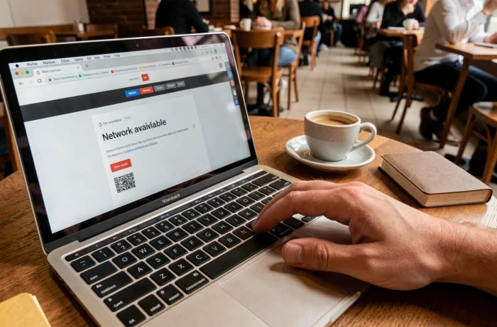 Gros plan sur un écran d'ordinateur portable affichant une erreur réseau dans un café, avec une tasse d'espresso posée à côté