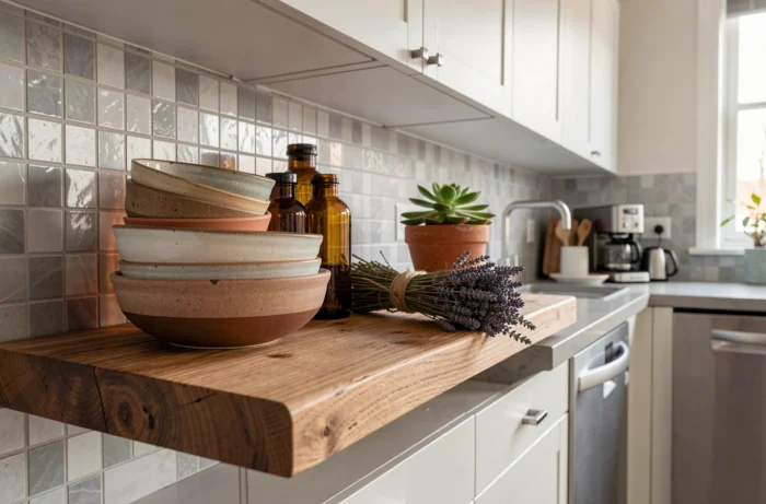 Étagère de cuisine ouverte décorée de céramiques artisanales, bouteilles en verre ambré, lavande séchée et succulente sur bois de chêne