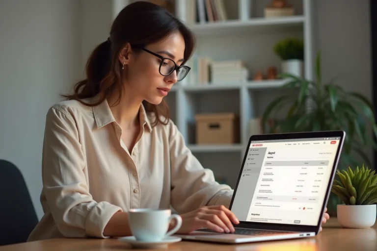 Femme consultant sa facture Carrefour en ligne sur un ordinateur portable dans un bureau à domicile