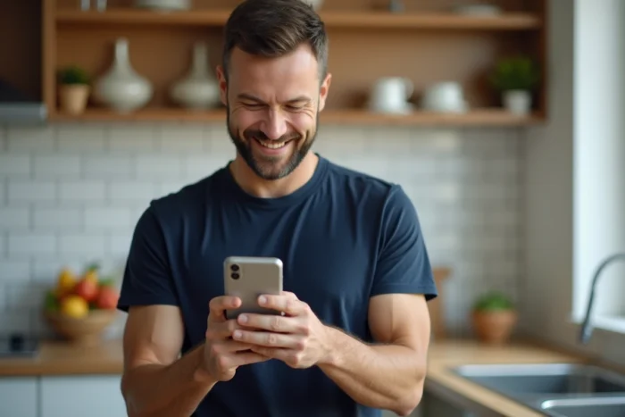 Homme consultant une facture Carrefour sur son smartphone dans une cuisine après les courses