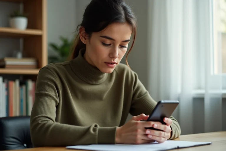 Femme consultant les dernières actualités sur son smartphone dans un bureau à domicile moderne