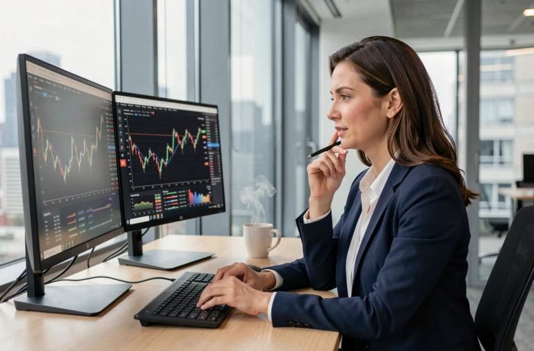 Femme professionnelle analysant des graphiques financiers sur un poste de travail à double écran dans un bureau moderne en 2024