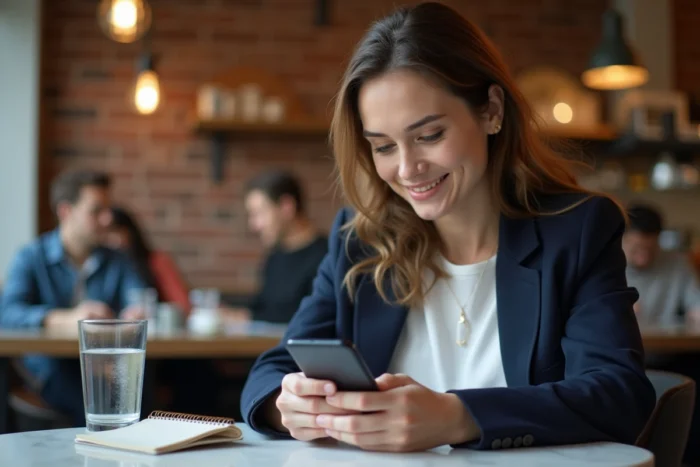 Femme consultant une application de comparaison de crédit sur smartphone dans un café urbain