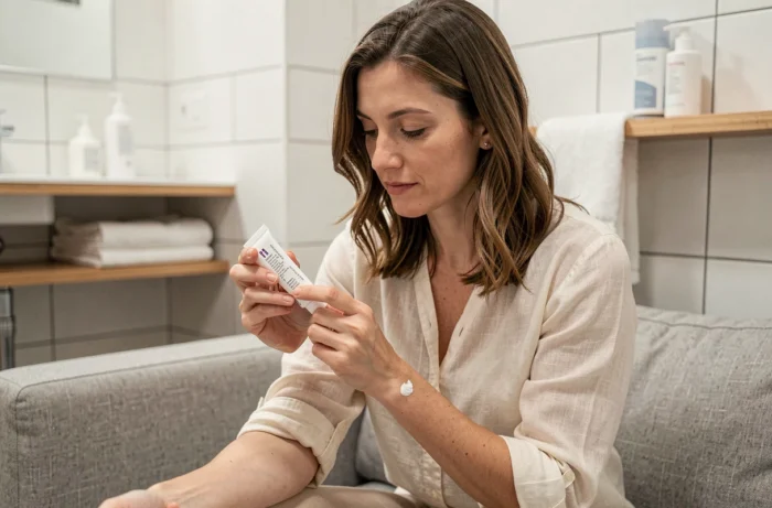 Femme appliquant de la crème Ialuset à base d'acide hyaluronique sur son bras dans une salle de bain moderne