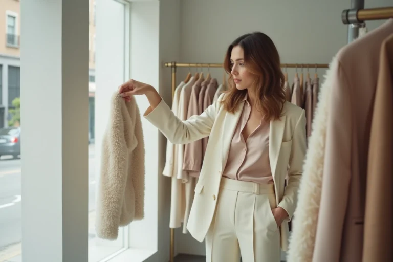Femme élégante en blazer crème parcourant les collections d'une boutique de mode tendance au décor épuré