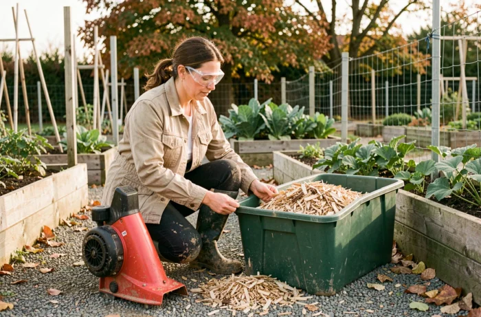 Femme inspectant le résultat de broyage de végétaux dans un jardin potager