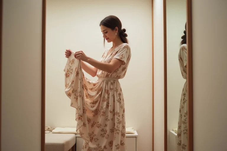 Femme consultant l'étiquette de taille d'une robe H&M dans une cabine d'essayage propre et bien éclairée