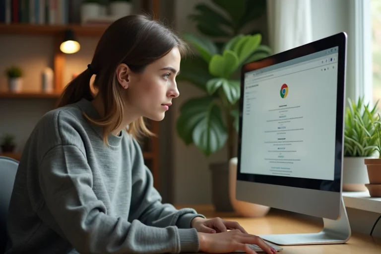 Jeune femme explorant les options avancées de Chrome Flags sur un ordinateur de bureau dans un bureau à domicile moderne