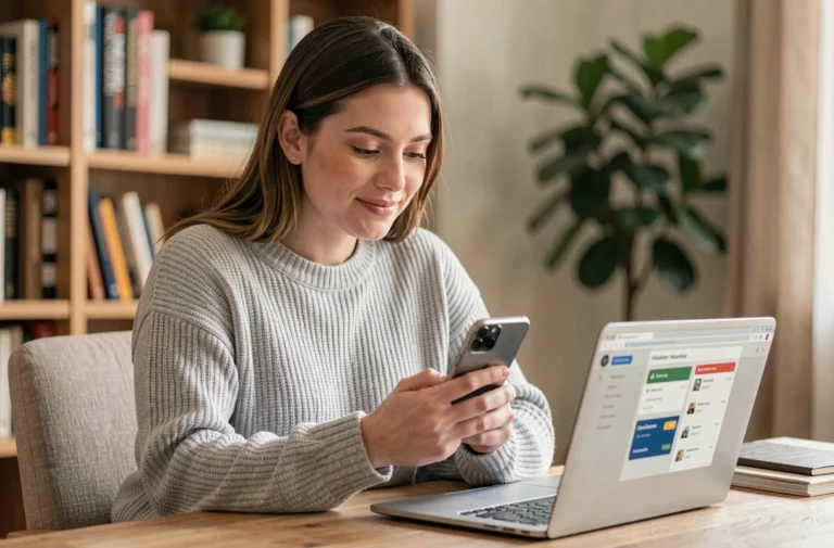 Jeune femme convertissant son forfait mobile en argent PayPal depuis son bureau à domicile avec smartphone et ordinateur portable
