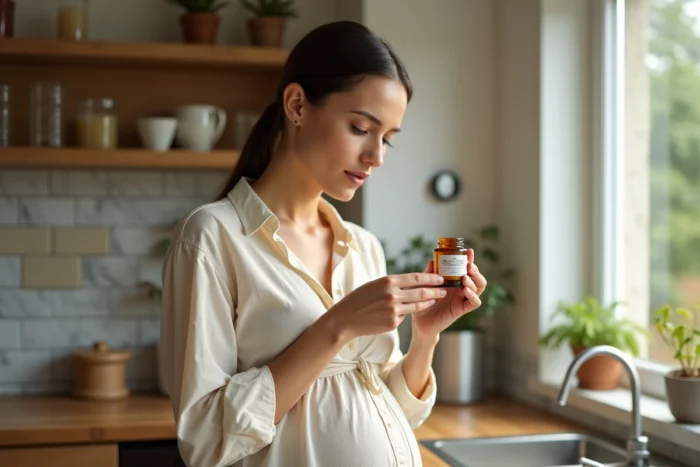 Femme enceinte tenant un flacon de propolis et lisant les précautions sur l'étiquette dans une cuisine chaleureuse