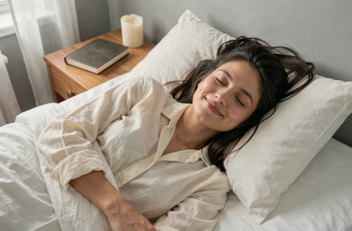 Jeune femme endormie dans un lit blanc souriant légèrement, évoquant l'interprétation des rêves