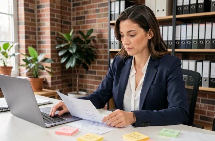 Femme entrepreneur analysant un business plan détaillé dans un espace de coworking moderne