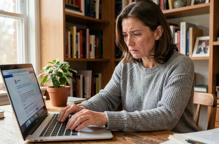 Femme inquiète examinant un email suspect sur son ordinateur portable pour éviter les arnaques en ligne