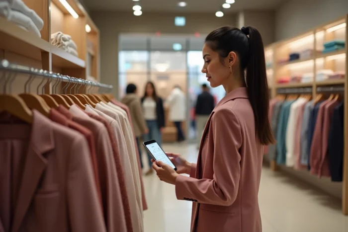 Femme consultant un guide des tailles H&M sur son téléphone tout en faisant ses achats en magasin