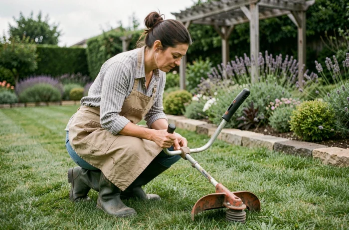 Femme inspectant la tête de coupe d'un coupe-bordure thermique à genoux dans un jardin avec bordure de fleurs
