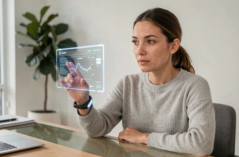 Femme utilisant une interface de réalité augmentée projetée par un appareil portable dans un bureau moderne en 2024