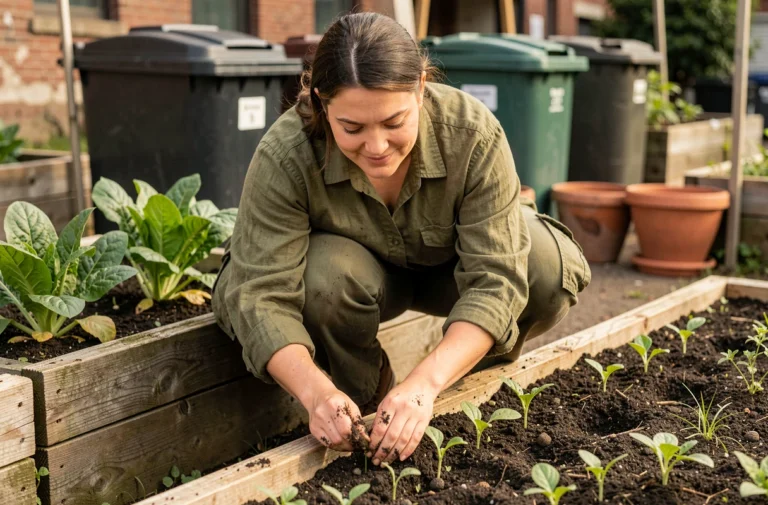 Femme travaillant dans un jardin urbain communautaire, illustrant un emploi écologique et engagé