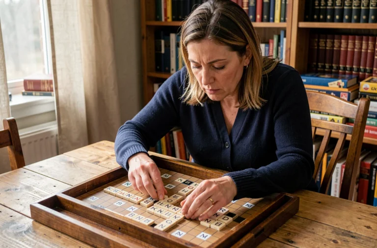 Femme concentrée jouant au Scrabble sur une table en bois avec des lettres disposées stratégiquement pour former un mot valide