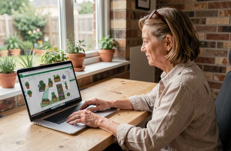 Femme utilisant un logiciel de création de jardin gratuit sur ordinateur portable dans un bureau à domicile