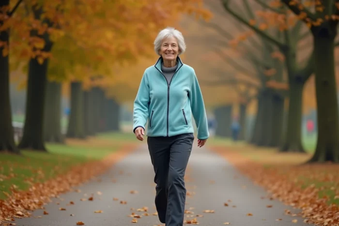 Femme d'une cinquantaine d'années marchant d'un pas énergique dans un parc en automne pour illustrer l'activité physique régulière et le bien-être santé