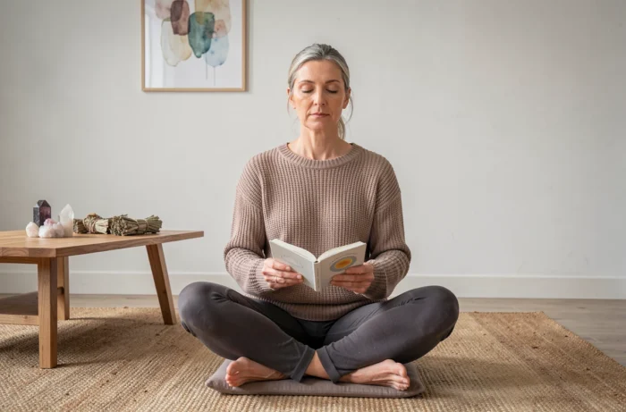 Femme méditant avec un livre sur les symboles des rêves dans un salon minimaliste calme