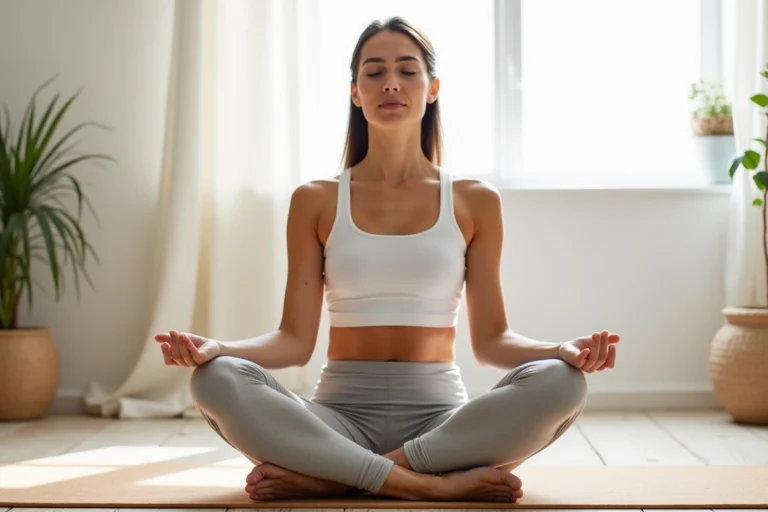 Femme pratiquant la méditation sur un tapis de yoga en liège dans un salon minimaliste scandinave pour améliorer son bien-être quotidien
