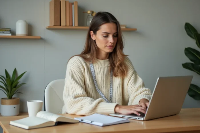 Femme mesurant ses mensurations à la maison pour choisir la bonne taille sur le site H&M