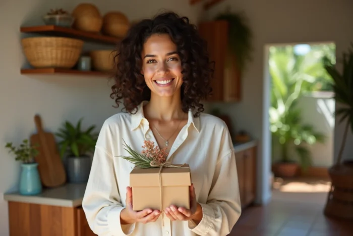 Femme tenant un coffret cadeau rhum arrangé dans une cuisine aux accents tropicaux
