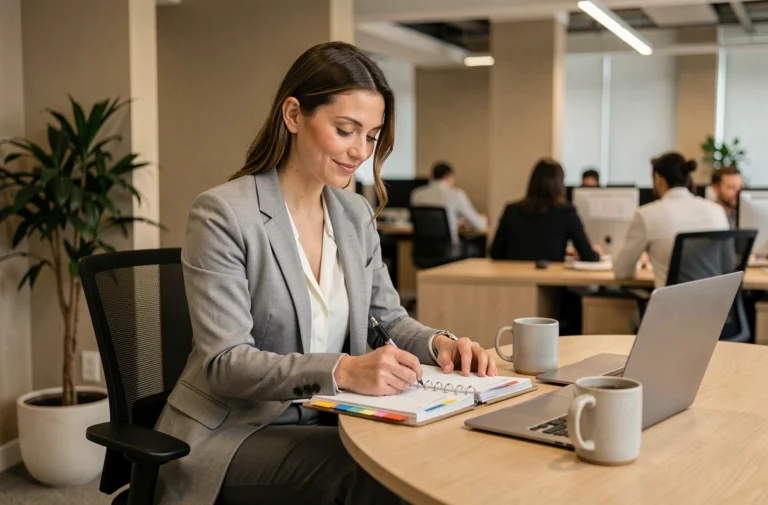 Femme professionnelle organisant son planning quotidien avec un agenda structuré dans un bureau moderne