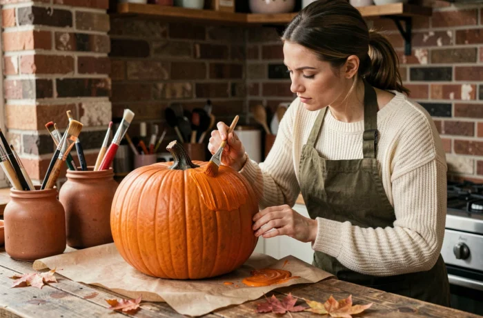 Femme peignant une citrouille d'Halloween orange avec un pinceau dans une cuisine rustique aux murs en brique