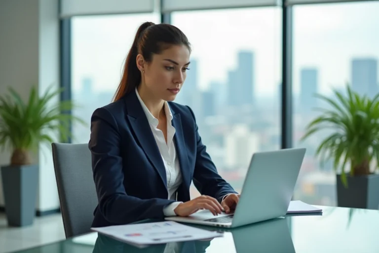Femme professionnelle analysant ses investissements sur la plateforme Alis BNP Paribas dans un bureau moderne
