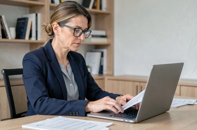 Femme professionnelle utilisant un coffre-fort numérique sur ordinateur portable dans un bureau moderne