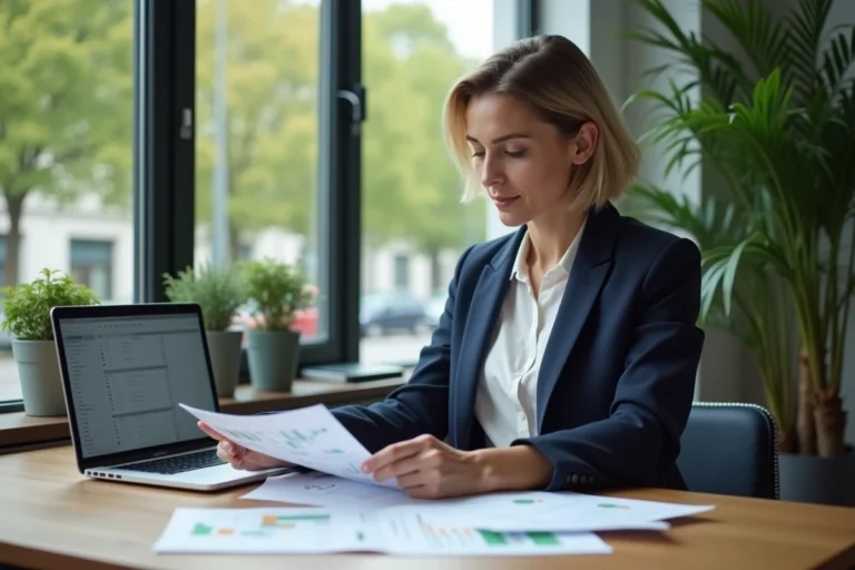 Femme professionnelle suisse analysant des fonds ETF ESG responsables dans un bureau moderne à Zurich